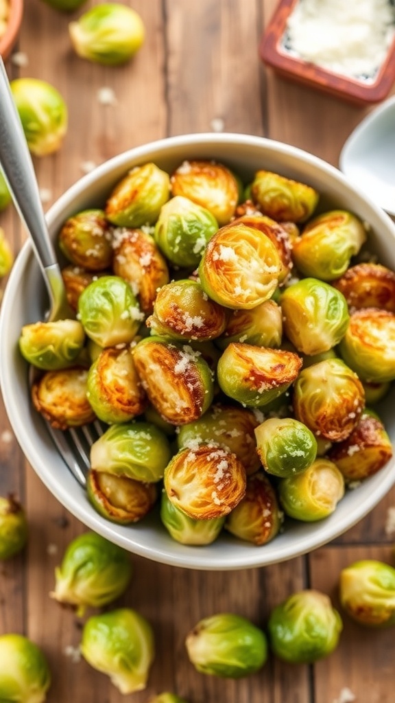 Garlic Air Fryer Brussels Sprouts Recipe Crispy air fryer Brussels sprouts with garlic and Parmesan cheese in a bowl on a wooden table.